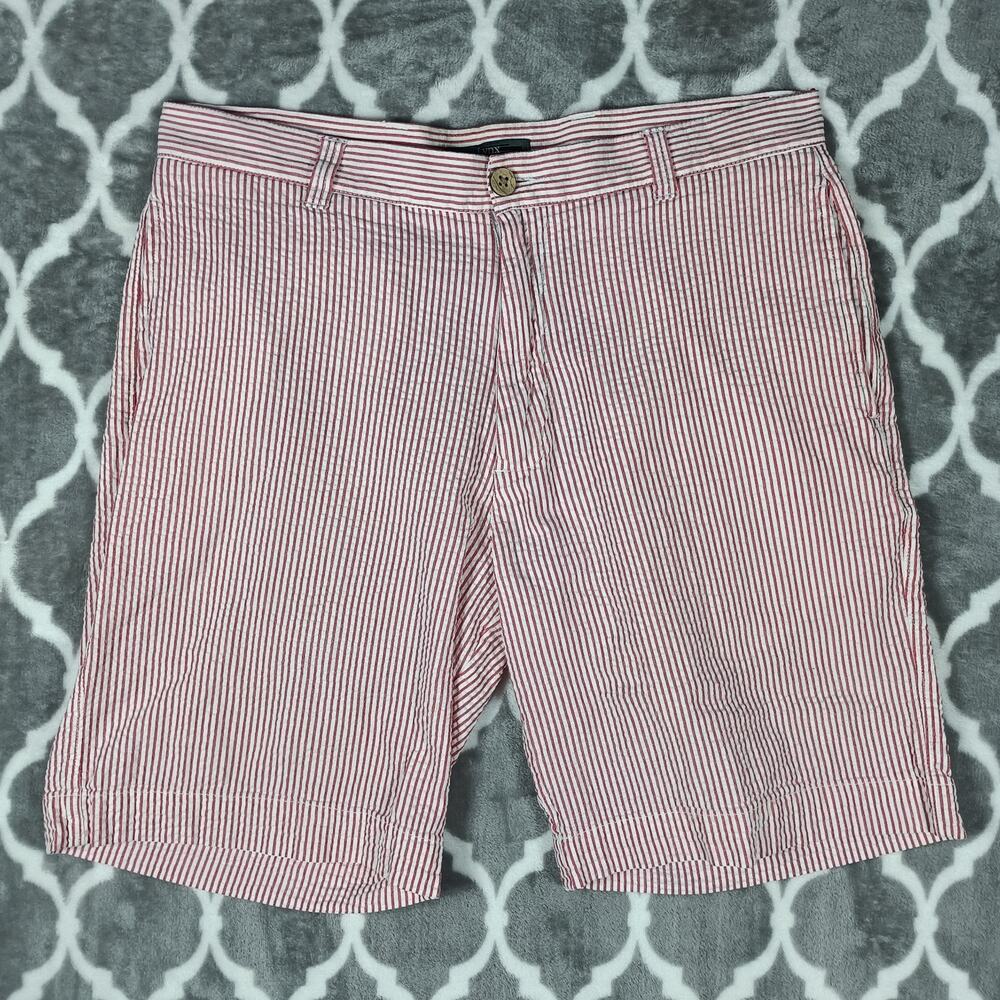 Lynx Shorts Men 34 Red White Seersucker Striped Summer Lightweight Cotton